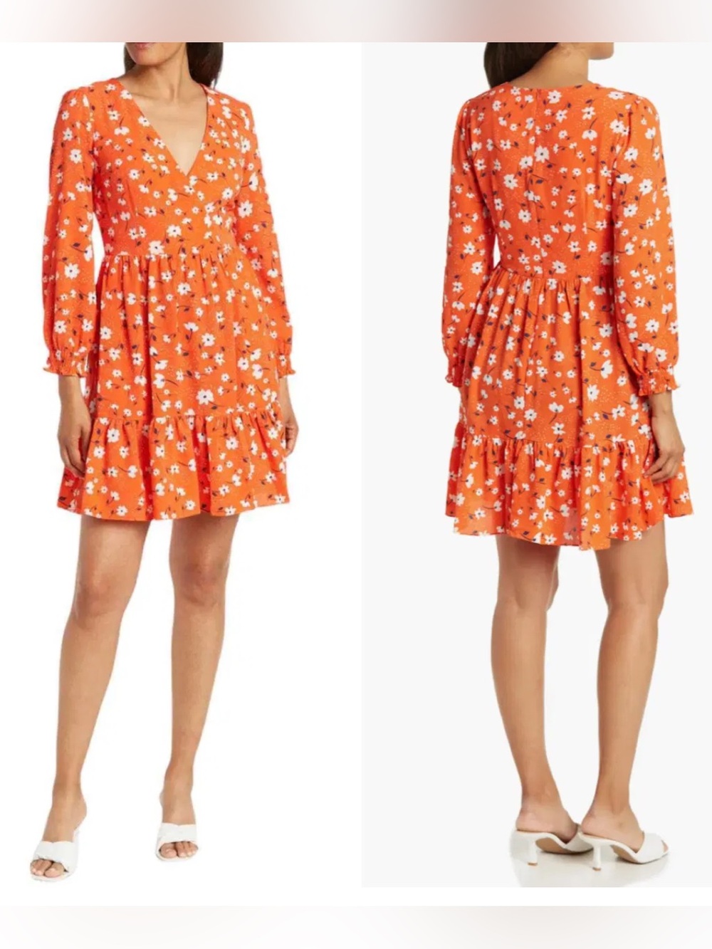 Eliza J Coral Floral Long-Sleeve Ruffle Hem Dress‎